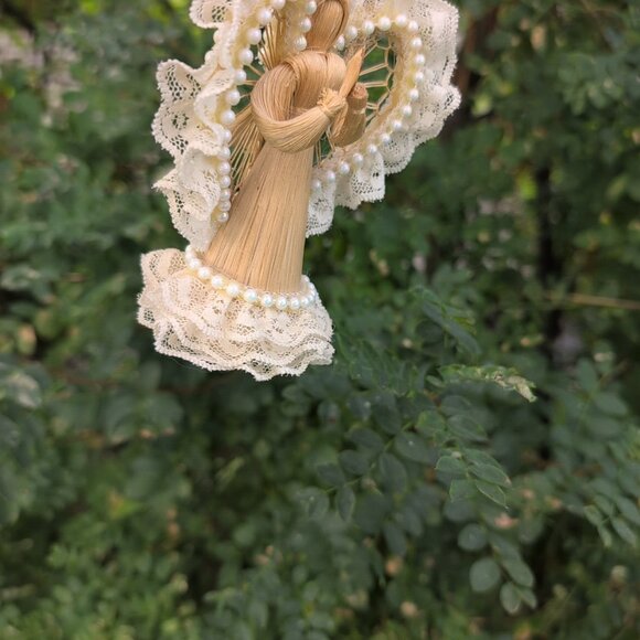 Vintage Lace And Bead Detailed Corn Husk Angel Ornament - Picture 2 of 5